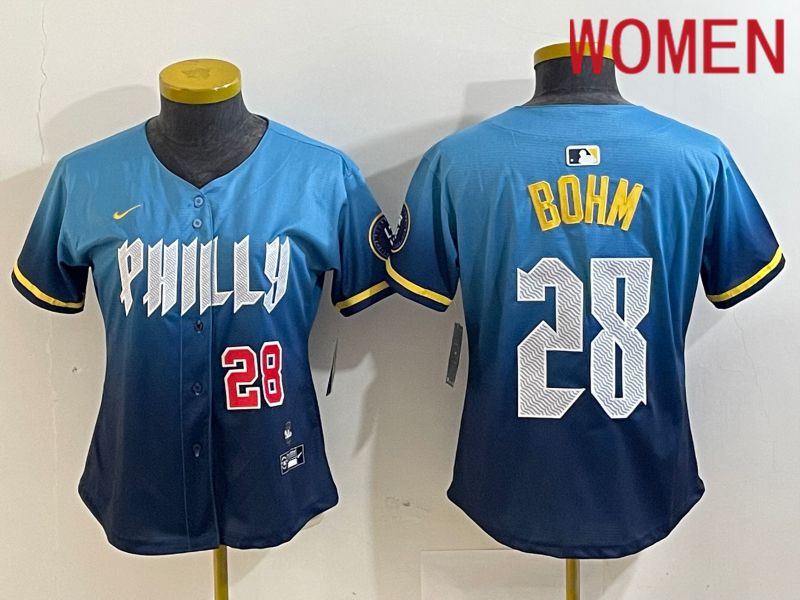 Women Philadelphia Phillies 28 Bohm Blue City Edition Nike 2024 MLB Jersey style 3